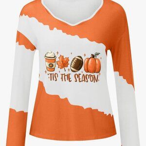 Fall Shirts for Women Pumpkin Print Color Block Long Sleeve Tops Fashion